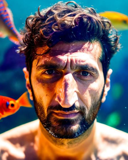 <lora:Fares_FaresSD15:0.7> portrait, front view, handsome (Fares Fares:1.3) age 40 (underwater:1.2) with colorful (fishes around him:1.2), (sunny:1.1), medium-length messy hair, 4k uhd, dslr, soft light, high quality, Fujifilm XT3