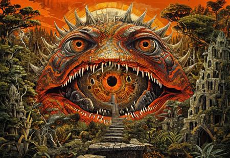 style of Mati Klarwein, EnhanceImage, highly detailed, ultra detailed, high quality, sharp image, bright orange and gray forest background, rich shadows and bright highlights, close up view, elaborate illustration long segmented serpent monster, (mouth open snarling teeth), horror, light shining through, transparent fins and spikes