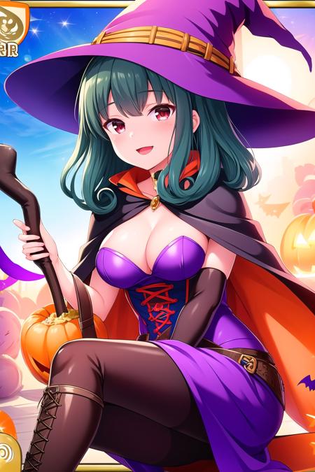 (masterpiece, best quality), highly detailed background, perfect lightingbest quality, shinomiyarisa, solo, outdoors, halloween, witch, witch hat, black hat, green hair, hairclip, curly hair, long hair, red eyes, breastsr, cape, cleavage, witch costume, pantyhose, knee boots, smile, open mouth, pink lips, <lora:Shinomiya-Risa:0.7>