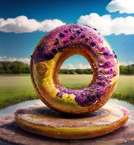 doughnut,,building, outdoor, purple hair, golden milk,wind ,no human  <lora:donut:1>