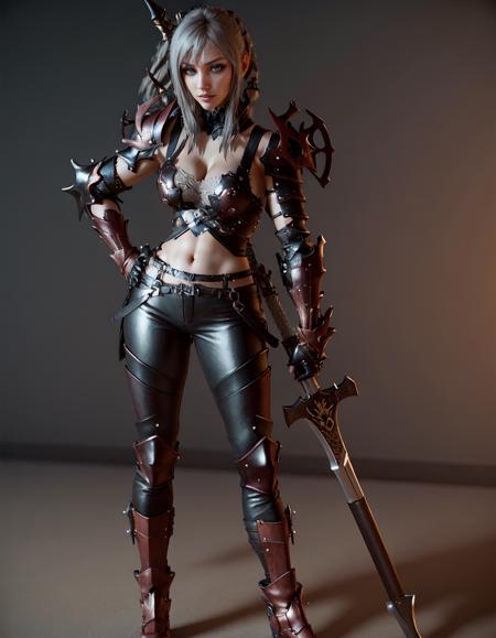 (high quality:1.3), highly detailed, (3D, cycle render, computer graphics, raytracing:1.2), 
AraneaHighwind, battle stance, holding weapon, lance, desert with mountains background, blue skies, (full body shot:1.15),
grey hair, hime cut, blunt bangs, lipstick, makeup, black eyeshadow, eyelashes, (ultra detail hair:1.1), ultra realistic hair, ultra detail face, green eyes, (perfect eyes, perfect face:1.1),
Armor, breastplate, (greaves:1.2), pants, gauntlets, shoulder armor, pauldrons,
(Large Breasts:1.2), cleavage, <lora:AraneaHighwind-000009:0.9>,  <lora:add_detail:0.3>