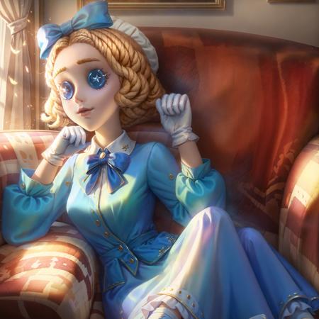 masterpiece, best quality, identity v, button eyes, 
1girl, blonde hair, dress, gloves, bow, shoes, solo, blue dress, white gloves, short hair, indoors, couch, pillow, blue bow, looking at viewer, hair bow, socks, white footwear, long sleeves, on side, chair, lips, white socks, stitches, ribbon, sitting, closed mouth, armchair, 
 <lora:identityV_v40:0.5>