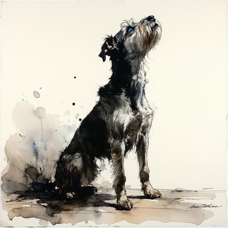 Ink art, watercolour sketch: Extreme low-angle, scruffy ink-stained terrier yearning upward. Hopeful cerulean blue eyes, focal point, gaze into parchment-textured void, subtle watercolour washes. Arthur Rackham's intricate ink, Egon Schiele's expressive contours; delicate cross-hatching, bleeding washes. Monochromatic sepia, charcoal. Subtle chiaroscuro on rough fibrous paper. Poignant longing; faint ink splatters, abstract watercolour wisps hint at unseen sky.