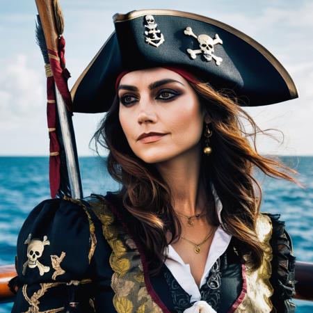Skin Texture, Instagram iPhone Portrait photo of a woman wearing a pirate outfit on the open seas, Nikon Z9, (sharp focus), (high quality),  jenxcolemn,  <lora:jencoleman_juggerX_xl_1_wocap_merger_23_145_06_04-jenxcolemn:1.1>