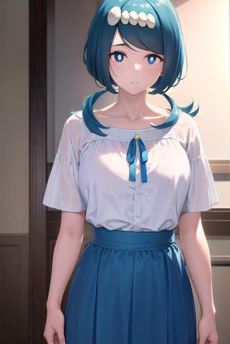 pokemonmotherlana, <lora:pokemonmotherlana-lora-nochekaiser:1>,
pokemonmotherlana, blue eyes, blue hair, freckles, hair ornament, long hair, swept bangs, (bright pupils:1.5),
BREAK blouse, blue skirt, bracelet, collarbone, dress, jewelry, long skirt, shirt, short sleeves, skirt, white shirt,
BREAK looking at viewer, full body, (cowboy shot:1.5),
BREAK indoors,
BREAK <lyco:GoodHands-beta2:1>, (masterpiece:1.2), best quality, high resolution, unity 8k wallpaper, (illustration:0.8), (beautiful detailed eyes:1.6), extremely detailed face, perfect lighting, extremely detailed CG, (perfect hands, perfect anatomy),