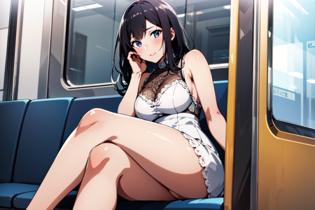 1girl, Anime,  mature woman, look at viewer, sitting in train, beautiful face, lace short dress, eros, masterpiece, best quality, highres, extremely detailed 8k wallpaper, very clear