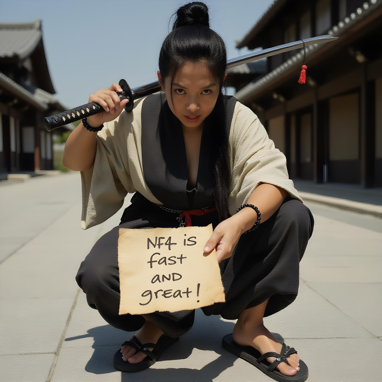 Traditional Japanese Architecture , high quality realistic photo of a female japanese ronin, she is wearing old kimono, belt, beaded bracelet and sandals, 

her right hand is holding a blade-up katana's handle and placed that katana over her right shoulder and behind her neck, her left hand is holding an old paper with ink handwriting brush style text "NF4 is fast and great!" and handing the old paper to viewer, she is squatting down with one knee on ground, her troll face is looking down to the viewer with a sneer and snicker, 

background is the street of an ancient japanese town, outdoor, at the day time, natural lighting from the front, 

the photo is taken from below angle and viewer's Point-of-view shot, Traditional Japanese Architecture, often for wooden structures, Shoji screens, or Japanese aesthetics.