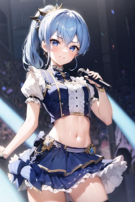 masterpiece, best quality, absurdres, 1girl, solo, Hoshimachi Suisei, light blue hair, blue eyes, happy, smile, parted lips, cowboy shot, sidelocks, ponytail, toned, 
idol, idol clothes, hololive idol uniform, bowtie, blue skirt, brooch, dress, concert, on stage, frilled skirt, jewelry, layered dress, short sleeves, tiara, midriff, thighhighs