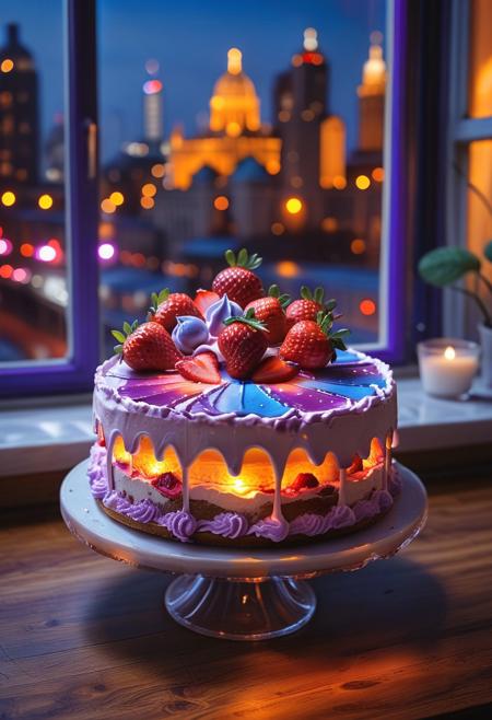 8k analog photo, unmanned, a whole cake, whipcream, strawberry, radiant purples, blues, and warm hues, mystical and captivating atmosphere, on table, night city scape from window blurry background,