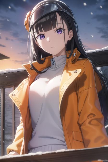 shirase kobuchizawa, long hair, black hair, red eyes, purple eyes, shirt, white shirt, collared shirt, neckerchief, red neckerchief, skirt, black skirt, jacket, helmet, orange jacket, orange helmet,