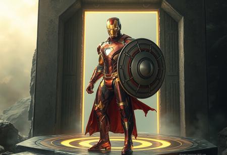 "Create a photorealistic, detailed image of Daredevil Iron Man standing on an anomalous SCP Illusion Gate, following the golden ratio. He should have a realistically proportioned body, wearing gilded red robes, and carrying a metallic Thunderstrike shield. The setting should suggest a daring and driven attitude. The image should be rendered in 8K with a medium shot and an athletic pose, suitable for a Pexels contest. Consider adding a female character in the background, with long wavy hair and heavy eyes to the side."