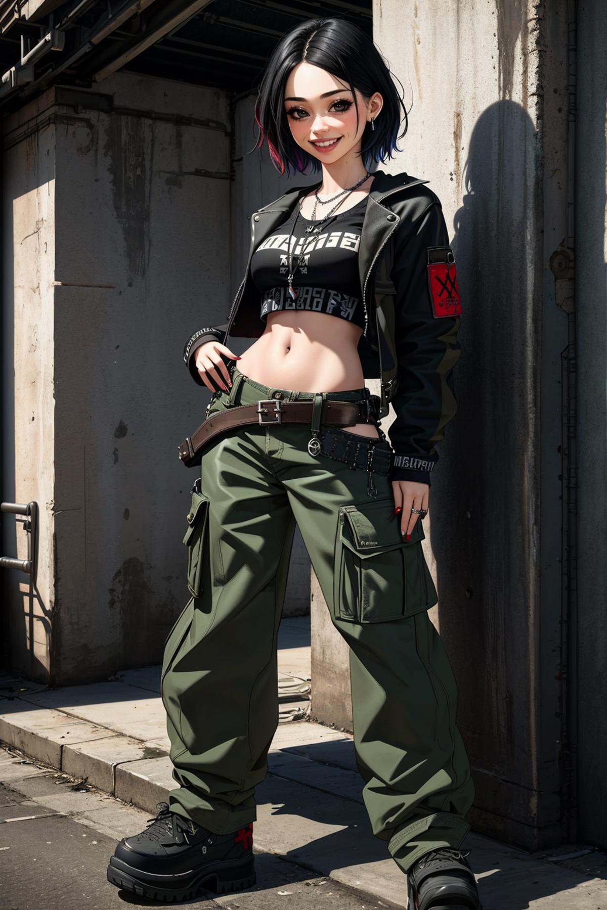 A young woman in military clothing and combat boots.