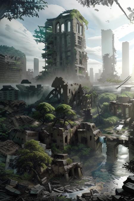 ttruins,ruins,city, (8k,RAW photo,masterpiece, best quality,CG,epic realistic,official art,), <lora:Moderncity_ttruins:1>,tree, water,grass,