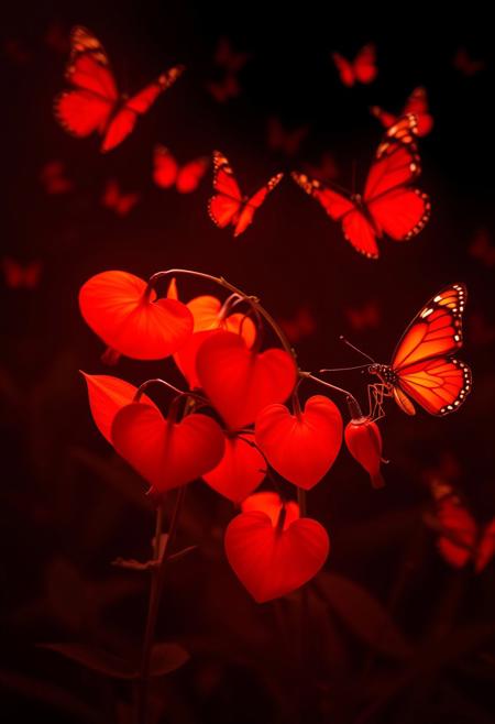 portrait, masterpiece, 4k, ray tracing, intricate details, highly-detailed, hyper-realistic, 8k RAW Editorial Photo.
vibrant orange Bleeding Hearts flowers and glowing red butterflies against a pitch-black background Painterly,  surreal, vibrant glow, bokeh, 8k,
cinematic light, dramatic light, shallow depth of field,  high budget, bokeh, cinemascope, film grain,