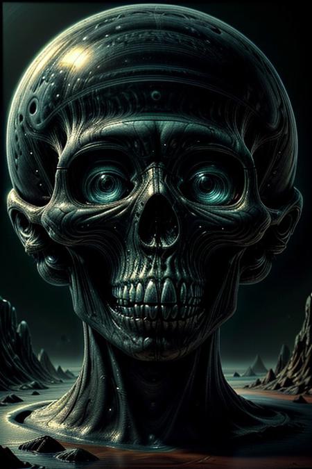 A close-up photorealistic image of a crystallic floating skull facing the viewer with its mouth open, pouring from it's mouth a shimmering liquid resembling the universe onto the ground, filled with rich stars and swirling galaxies. A simple void background enhances the dark atmosphere, shrouded in fog, capturing the hypnotic flow and shimmer of the cosmic liquid,
