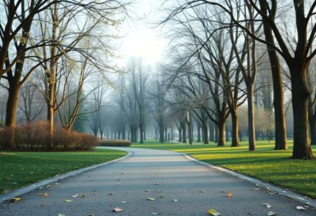 A highly detailed, semi-realistic 3D digital illustration style.  POV, eye level View from  walking  in a Green Park, Spring, cold weather. 