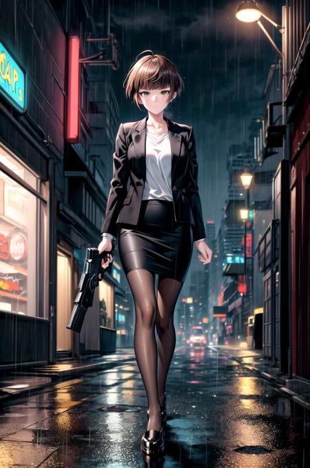 (masterpiece, best quality, detailed), 1girl, solo, outdoors, cyberpunk, city, night, city lights, neon lights, alley, rain,
tsunemori akane, pencil skirt, white shirt, black jacket, open jacket, pantyhose, black skirt, serious, walking , gun, holding gun <lora:TsunemoriAkaneV2_3:1> <lora:more_details:0.6>