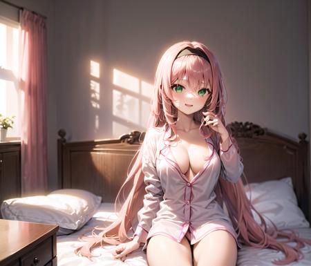 ((masterpiece,best quality)), (1 girl),<lora:HatsuCounterfeit:0.82>, large breasts, pink hair, (solo:1.2), very long hair, bedroom, bed, chair, sitting on chair, brushing hair, pajamas, happy, hairbrushing, open clothes