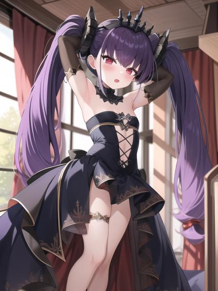 (hyper extreme detailed),(masterpeace),(best quality),(hyper extreme),CG,indoors,bedroom,1girl, <lora:Felix_Schultz:1>Felix_Schultz,purple hair,twintails,tiara,red eyes, black dress,long skirt,elbow gloves,high heels, petite,