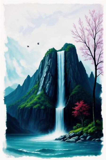 bl@ckp1nk butterfly, white background, dripping paint  ink, scenery, water, tree, splash, mountain,