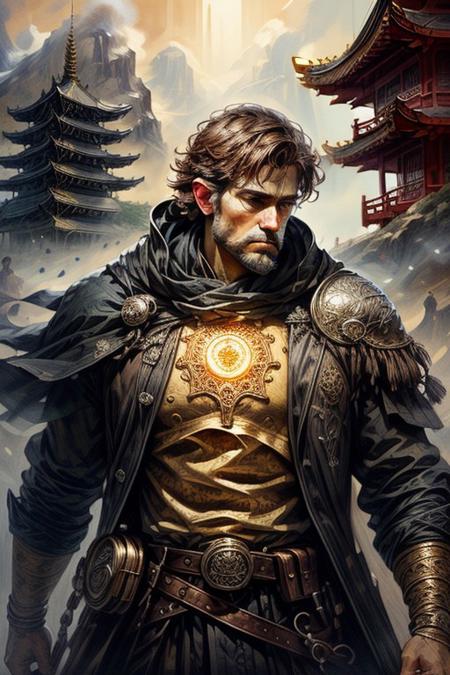 score_9, score_8_up, 8, score_7_up, solo,  
fantasy style, masterpiece, 8k, dynamic pose, 20 y.o, <lora:Fantasy_Classes_SD:1>,
<lora:Fantasy_Classes_SD:1>, (mage)), bara, mature, facial hair, ((ecological landscape, golden low-fade, __eye-color eyes__, curious, pagoda)), masterpiece, highly detailed face and skin, hyperrealistic, male only, bara, mature, stubble, handsome, male focus, light particles, real light and shadow, (((cowboy shot, exercising))), <lora:style_adddetail:.7> <lora:style_deluster2:-.4><lora:style_hotarublurbk_v100:1>
BREAK
(EyesHD:1.2), (4k,8k,Ultra HD), masterpiece, best quality, ultra-detailed, very aesthetic, sharp focus, depth of field, ray tracing, best lighting, detailed illustration, detailed background, cinematic, 
BREAK 
detailed background, dynamic action image,
BREAK
oil painting, BadDream, negative_hand, NEG_EMBED_STABLE_YOGI_V3, FastNegativeV2, AissistV2
(detailed:1.3), (sharp focus:1.1), medieval style, (expressive face:1.2),,