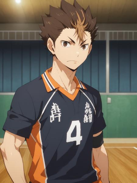 yuu nishinoya, 1boy, male focus, sportswear, solo, volleyball uniform, black hair, brown eyes two-tone hair, brown hair black feathered wings