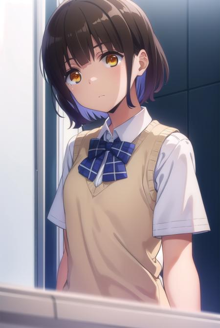 kanatahiga, <lora:kanata higa anime s1-lora-nochekaiser:1>,
kanata higa, short hair, bangs, brown hair, (brown eyes:1.3),
BREAK shirt, bow, school uniform, white shirt, short sleeves, bowtie, blue bow, sweater vest, plaid bow,
BREAK indoors, classroom,
BREAK looking at viewer,
BREAK <lyco:GoodHands-beta2:1>, (masterpiece:1.2), best quality, high resolution, unity 8k wallpaper, (illustration:0.8), (beautiful detailed eyes:1.6), extremely detailed face, perfect lighting, extremely detailed CG, (perfect hands, perfect anatomy),