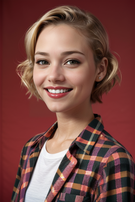 AmandaPflugrad, (closeup on face:1.3), (light blonde hair, big smile:1.3), razored combover bob haircut, ((red lipstick)), ((slim, fit, lanky, coltish:1.5)), plaid red cashmere sweater, luxury, looking at viewer, Hasselblad H6D, 80mm portrait, natural lighting, oiled skin, perfect eye blush, slightly open mouth, long eye lashes, <lora:epiCRealismHelper:0.2>, <lora:hairdetailer:0.3>, ((plaid red backdrop:1.3)), detailed skin texture, (blush:0.5), (goosebumps:0.5), subsurface scattering, RAW candid cinema, 16mm, color graded portra 400 film, remarkable color, ultra realistic, textured skin, remarkable detailed pupils, realistic dull skin noise, visible skin detail, skin fuzz, dry skin, shot with cinematic camera