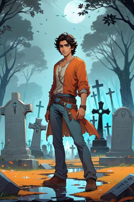 concept art ezra bridger at thriller bark cemetery, full body shot, (scowl) <lora:Ezra_Bridger_XL:0.8> . digital artwork by pascal campion, vector, bright colors, bold outlines, illustrative, highly detailed