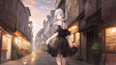 masterpiece,best quality,official art,extremely detailed CG unity 8k wallpaper,illustration,townscape, bright, 1Girl, gray hair, amber eyes, smile, black dress, barefoot, turning around,