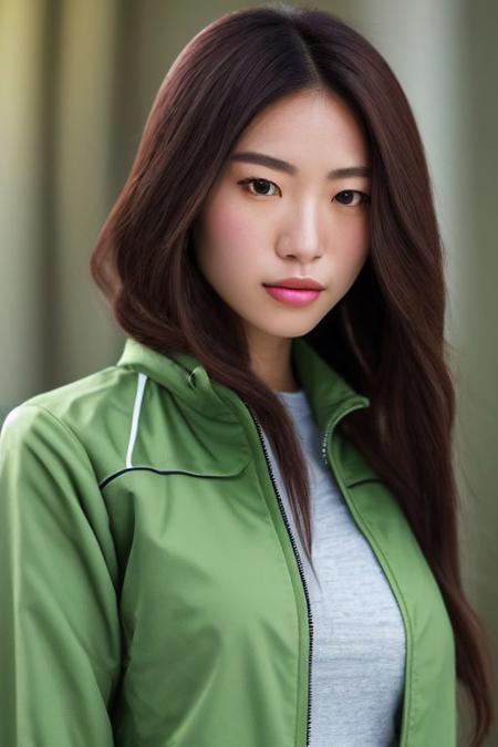 a Girl, beautiful asian eyes, anime facial structure, green eye, cute face, hightech Crop Jacket,has breasts, photorealistic, photorealistic, ultra-detailed, finely detailed, high resolution,very long messy hair, perfect dynamic composition