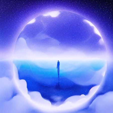 abstract illusstration, exaggerate body proportion 1 boy, walking in cloud gloden circle, colorful plaint, stars, fashion, front-view