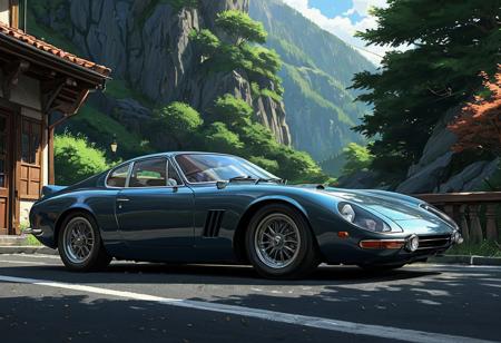 (studio ghibli digital drawing), best quality, masterpiece, extremely detailed,  professional  art,  professional painting, an extremely delicate and beautiful, dynamic,  great lighting, perfect shading, professional shading, depth of field,   side soft light, elegant, gorgeous, highly detailed,   full shot, uncropped,   pure genious, absolutely perfect,  highly detailed, breathtaking, imagined classical sports car, long engine, elegant and beautiful, dynamic turn around corner, mountain pass