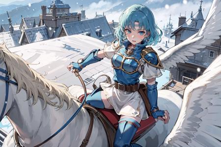 (from above),<lora:theaV1-000013:0.75>,thea,   <lora:riding_pegasus:1> ,riding_pegasus,wings,in the sky,flying,breastplate, armor, thighhighs, gloves, fingerless gloves, shoulder armor,circlet, zettai ryouiki, thigh boots, boots,belt,short sleeves, blue footwear, looking at viewer, pauldrons, miniskirt,castle,snowing,(masterpiece, best quality, ultra-detailed, best shadow),