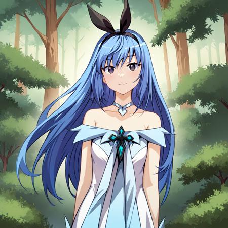 Ram Hwajeong, blue hair, black eyes, long hair,  dress, bare shoulders, hairband, 