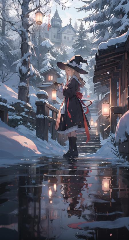 1girl, long hair, lantern, solo, holding lantern, hat, very long hair, snow, holding, ribbon, black headwear, red ribbon, long sleeves, apron, snowing, standing, bow, closed eyes, bangs, outdoors, witch hat, signature, night, neck ribbon, dress, from side, full body, stairs, brown hair, smile, closed mouth, black dress, blonde hair, tree, white apron, tassel, braid, white bow, floating hair, kirisame marisa, black footwear, winter, skirt, torii, profile, red bow, black skirt, wide sleeves, dappled sunlight, <lora:light-000004:1>