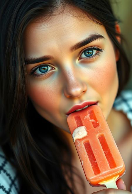 score_9, score_8_up,1 woman, cute, solo, 18 years old,     black hair, blue eyes,     popsicle   mouth open, pleasure,  full lips, , focus on mouth, relaxed, total pleasure from eating a  popsicle,
, very detailed, detailed eyes,  high detailed texture, realistic, photorealistic, perfect eyes, real life realistic, ExpressiveH, Cinematic Film,
