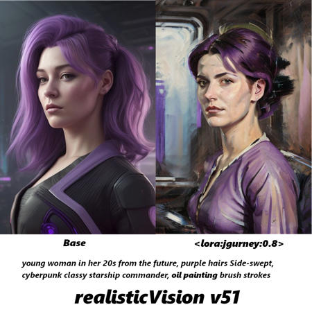 young woman in her 20s from the future, purple hairs Side-swept, cyberpunk classy starship commander <lora:jgurney:0.8> oil painting brush strokes