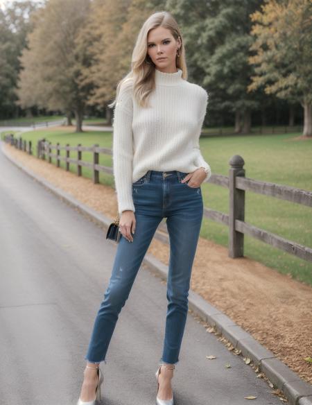 (armani:1) sweater, jeans, shoes, elle, outside, park, woman , portrait, (8k,  best quality, masterpiece:1.2), (realistic, photo-realistic:1.37), ultra high res, ultra-detailed, incredibly beautiful girl,