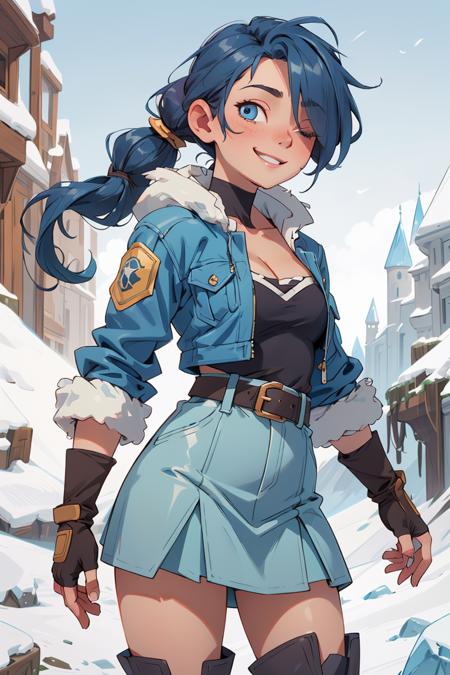 cowboy shot,realistic,best quality,masterpiece,realistic,<lora:more_details:0.3>,1girl,blue hair,twintails,hair over one eye,blue eyes,hair over one eye,solo,smiling,fingerless gloves,cleavage,fur trim,belt,knee boots,blue jacket,skirt,jewelry,elbow gloves,ice kingdom,frozen wasteland,morning,(insanely detailed, beautiful detailed face, masterpiece, best quality),<lora:GoodHands-vanilla:1>,<lora:GPTS4 dreamwave full_478773:0.3>,