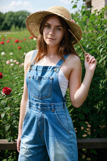 wo_dakpink01 gardener tended to her blooming roses, wearing faded denim overalls and a straw hat to shield her from the sun, busty, <lora:woDakotaPink01:0.85>