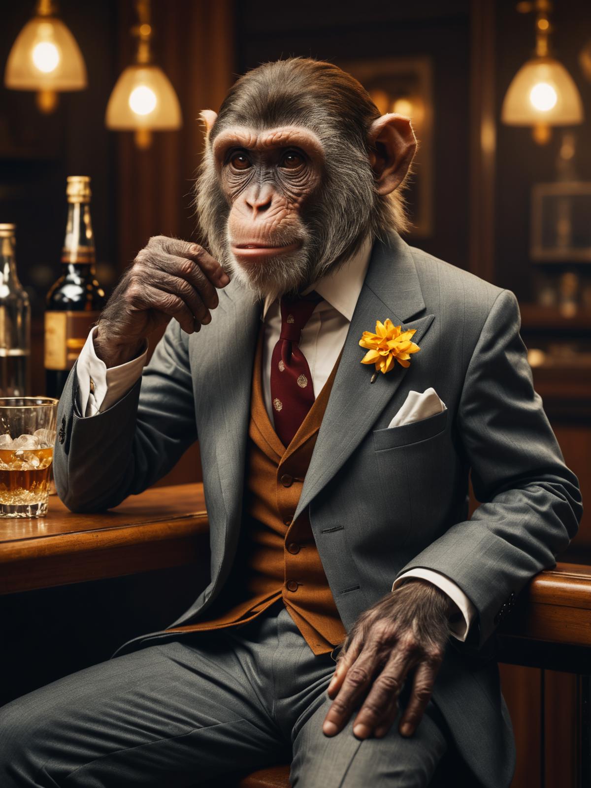 A man in a suit sitting at a bar with a monkey.