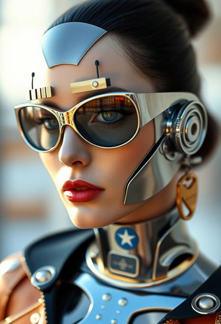 avant-garde woman made from metal , steel and chrome, 1970s , gold trim