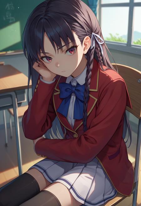 horikita suzune, braid, hair ribbon school uniform, red jacket, blazer, blue bow, long sleeves, white skirt, black thighhighs