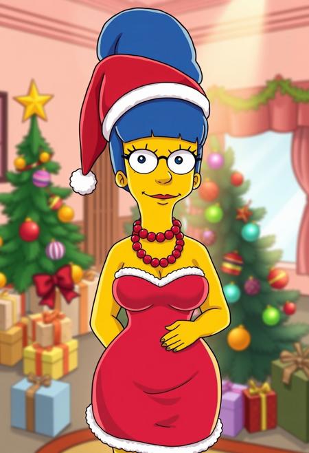 detailed, The simpsons comic by Croc, 1girl, m_s, Marge, solo, tall beehive hairstyle, round eyes with black pupils, black eyes, perfect tight breasts, Expressiveh, red pearl necklace, blue hair, yellow skin, sexiest pic on earth, perfect woman, goddess alive, marge perfect body, skindentation, showing boobs, dress pulled down to waist, christmas minidress, christmas, santa hat, santa costume, standing, sexy pose, adult pose, teasing, ((horny expression 0.2)), , front view, indoors, christmas tree, presents, small color light on christmas tree, christmas ornaments, sun-ray, depth of field, from above, upper body, detailed background, sharp background, master piece, Good color composition, great quality, (((perfect face))), ((perfect eyes)), perfect hands,