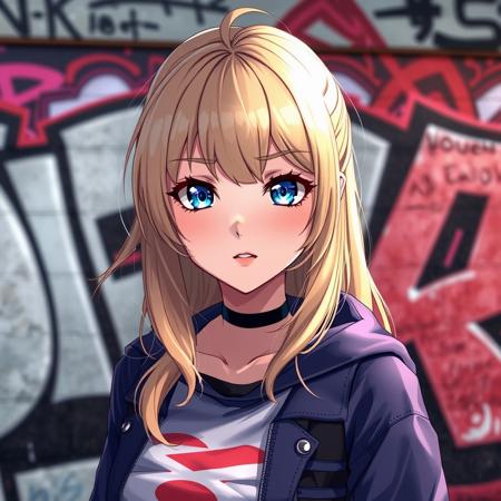 A anime girl with blonde hair and blue eyes in front of graffiti, octane rendering, unreal engine 5, beautiful women, 32k uhd, realistic scenery, charming characters, pop culture, shiny