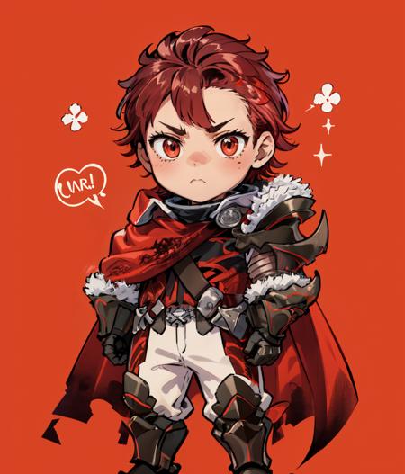 simple background, red background, (chibi:1.1), 1boy, solo, full body, <lora:DiamantFE:0.8> DiamantFE, gloves, armor, fur trim, shoulder armor, red cape, armored boots  <lora:Cutedoodle_SD15:0.65> cute doodle