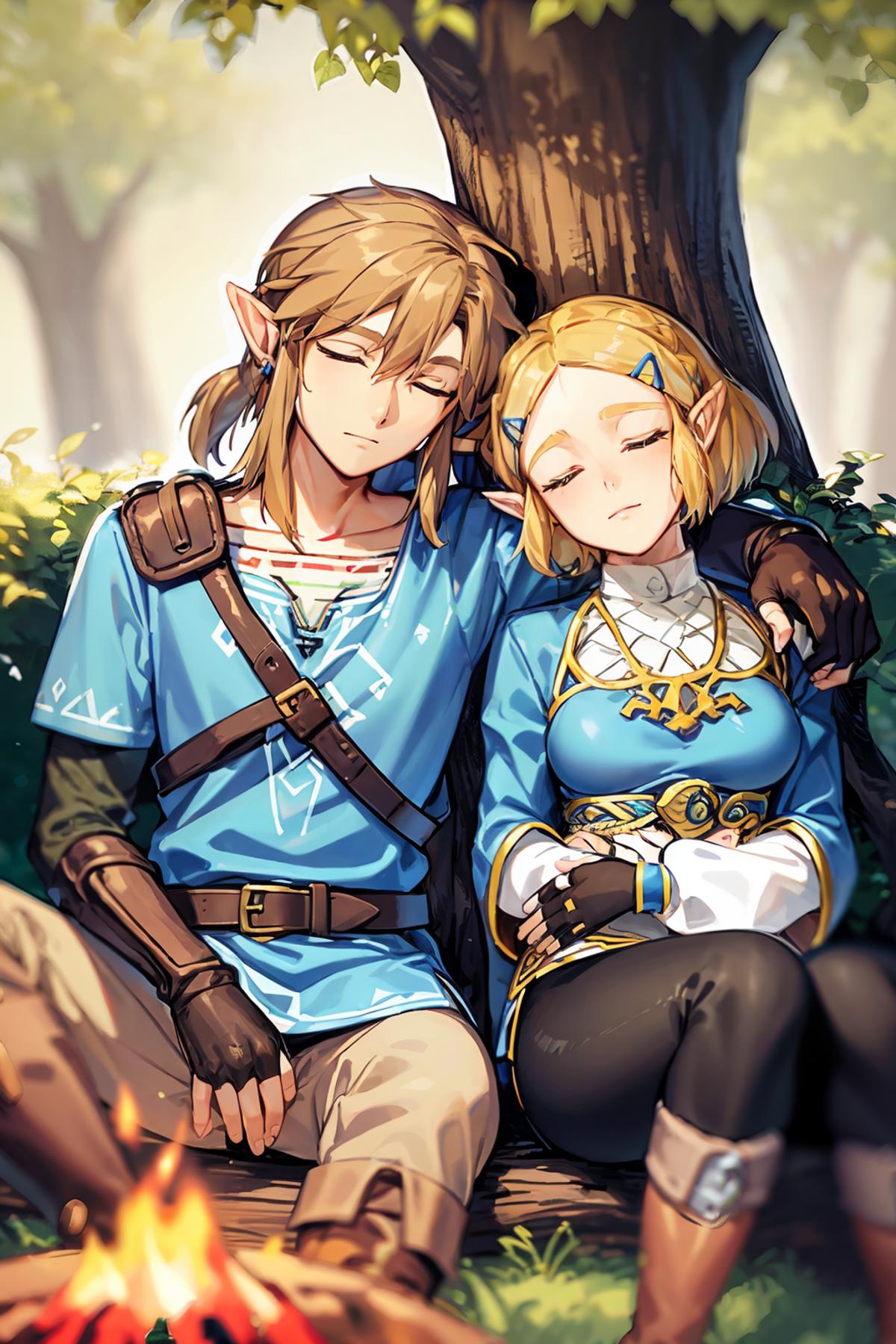 A cartoon drawing of a man and woman in Zelda costumes sitting under a tree.