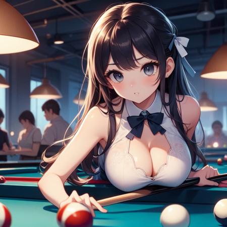 aim pool ball both hands holding pool cue lean on table bend over ribbon lace dress professional game night