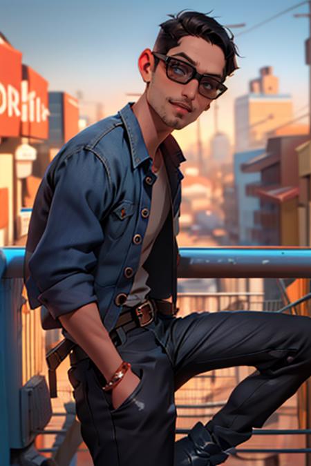 Deanmccoppin,  1guy,  t-shirt,  , sunglasses,  facial  hair,  belt,  denim pants,  boots,  best quality:1.2),  smirk,  masterpiece,  highness,  perfect face,  perfect picture,  detailed eyes,  sharp focus,  cowboy shot,  at the town, <lora:EMS-50964-EMS:1.000000>